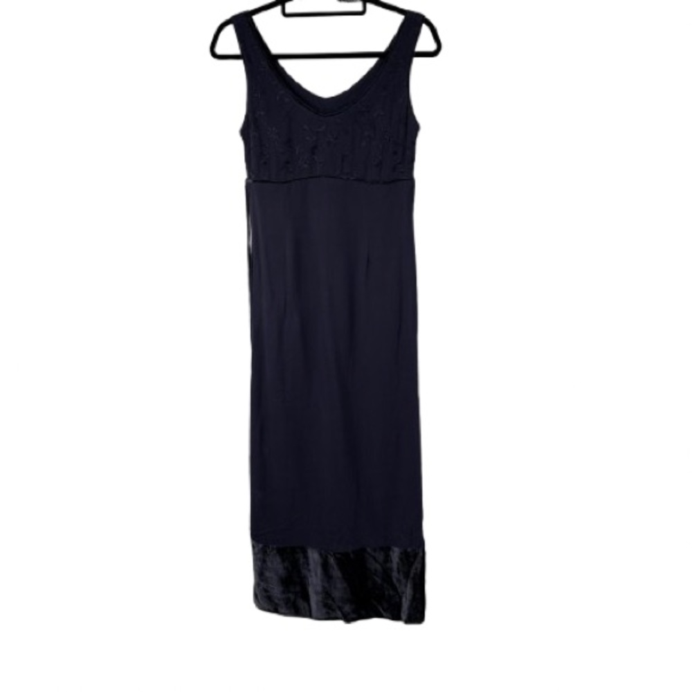 Johnny Was Y2K Navy Blue Floral Embroidered Velvet Rayon Dress Semi Formal XS